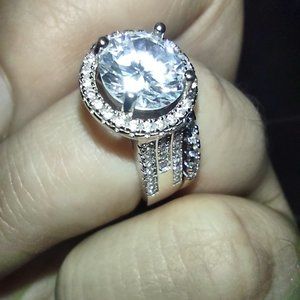 Sterling Silver 3 Row Brilliant 3 carat CZ Halo Engagement Ring Set